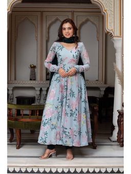 ETHNICSAA - Blue Floral Printed Shivanya Anarkali Kurta with Pant and Dupatta (Set of 3)