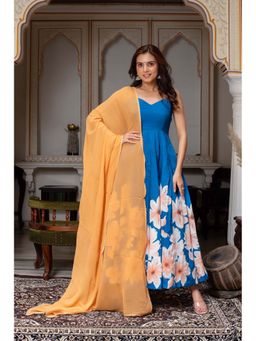 ETHNICSAA - Blue Nora Anarkali Kurta with Pant and Dupatta (Set of 3)