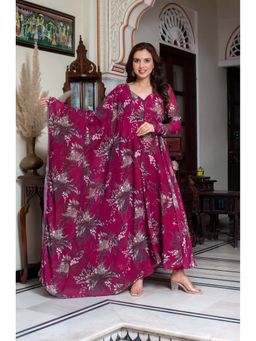 ETHNICSAA - Red Floral Printed Aasana Anarkali Kurta with Pant and Dupatta (Set of 3)