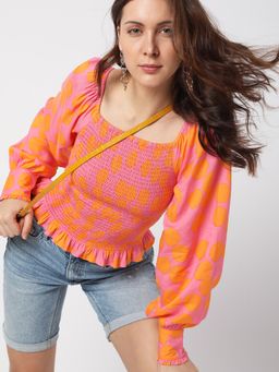 VERO MODA - Women Printed Pink Shirring Balloon Sleeve Top