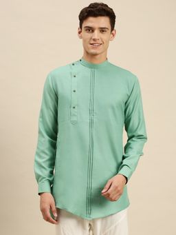 Sanwara - Men Solid Jade Green Cotton Short Kurta