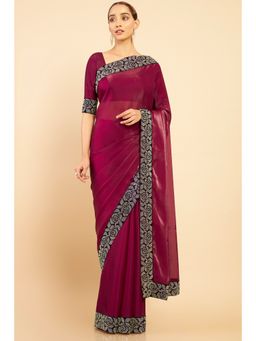 Soch - Women Maroon Organza Embroidered Saree with Unstitched Blouse