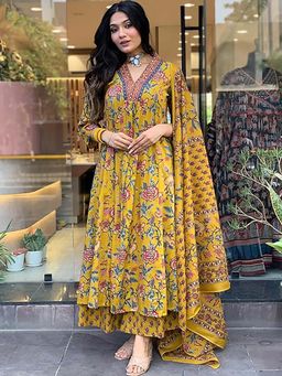 Rajnandini - Women Yellow Floral Kurta with Palazzo and Dupatta (Set of 3)