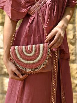 Odette - Pink and White Embroidered Clutch