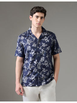 Arrow Newyork - Men Cuban Collar Night Is Young Floral Shirt Navy Blue