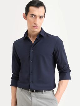 Rare Rabbit - Navy Blue Solid Regular Fit Shirt