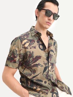 Rare Rabbit - Olive Floral Regular Fit Shirt