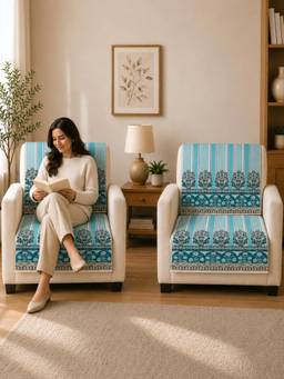 The Home Story - Suede Velvet Sofa Mat Back & Seat - Heritage Stripe - Ocean Blue