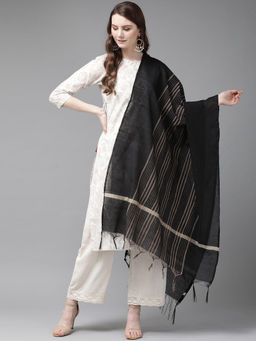 Juniper - Black Chanderi Cotton Stripes Dupatta