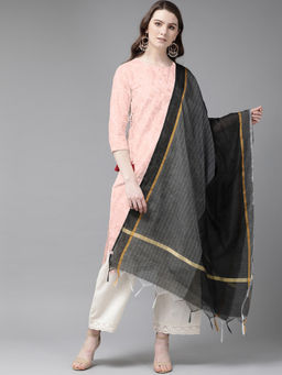 Juniper - Grey Chanderi Cotton Stripes Dupatta