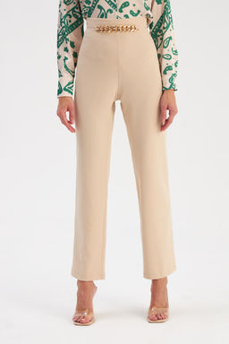 Sateen - Mid Waist Beige Solid Pattern Trousers with Gold Link Chain