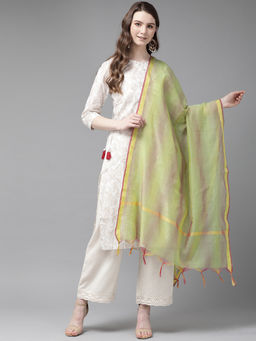 Juniper - Green Chanderi Cotton Stripes Dupatta