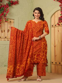 TUSHTI - Surkh Mustard-Maroon Block Printed Kurta with Pant and Dupatta