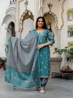 TUSHTI - Grace Teal Floral Printed Kurta with Salwar and Dupatta