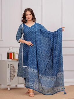 TUSHTI - Elegant Navy Blue Bandhani Printed Kurta with Pant and Dupatta