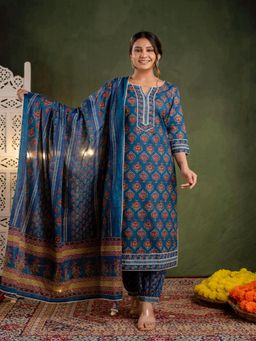 TUSHTI - Indigo Floral Printed Kurta with Salwar and Dupatta