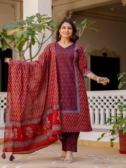 TUSHTI - Red-Blue Floral Printed Kurta with Pant and Dupatta