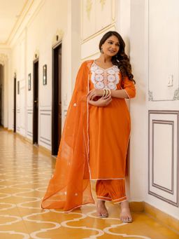 TUSHTI - Orange Floral Embroidered Afghani Kurta with Salwar and Dupatta
