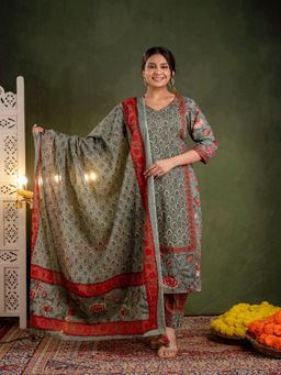 TUSHTI - Sage Green Floral Printed Kurta with Pant and Dupatta