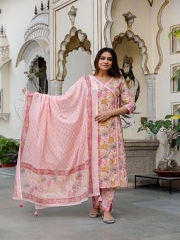 TUSHTI - Rosy Pink Floral Printed Kurta with Pant and Dupatta