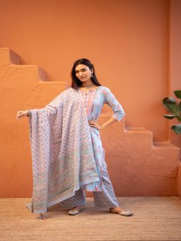 TUSHTI - Aarohi Blue Floral Printed Kurta with Palazzo and Dupatta