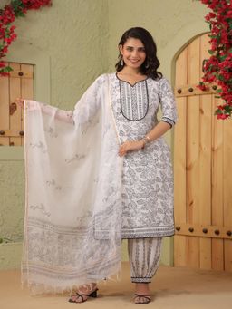 TUSHTI - White-Black Floral Printed Kurta with Salwar and Dupatta