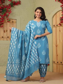 TUSHTI - Neelkriti Blue Block Printed Kurta with Salwar and Dupatta