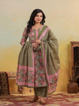 TUSHTI - Vanika Olive-Pink Floral Printed Kurta with Pant and Dupatta