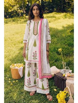 HERITAGE - Gulnaar Off White Floral Printed Kurti with Palazzo and Dupatta