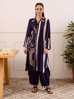 KAFTANIZE - Purple Stripes Embroidery Kurta With Salwar