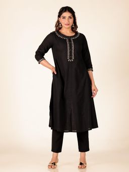 ARAMYA - Black Pure Cotton Solid Embroidered Kurta with Pant
