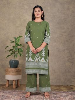 ARAMYA - Olive Soft Cotton Printed Kurta with Palazzo