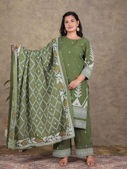 ARAMYA - Olive Soft Cotton Printed Kurta with Palazzo and Dupatta