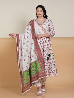 ARAMYA - Off White Floral Printed Angarkha Kurta with Pant and Dupatta
