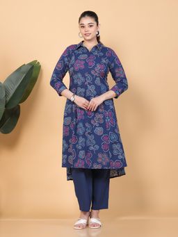 ARAMYA - Navy Blue High-Low Bandhani Printed Kurta with Pant