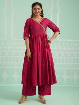 ARAMYA - Dark Pink Chanderi Printed Angarkha Kurta with Palazzo