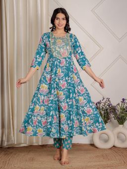 ARAMYA - Teal Kantha Cotton Floral Printed Anarkali Kurta with Pant