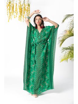 Chhavvi Aggarwal - Green Printed Kaftan Dress with Belt (Set of 2)