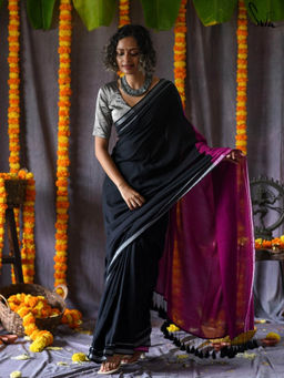 Suta - Black Woven Tassels Saree without Blouse