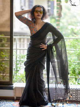 Suta - Black Printed Tassels Saree without Blouse