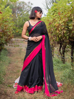 Suta - Black Solid Tassels Saree without Blouse