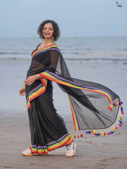 Suta - Black Solid Tassels Saree without Blouse