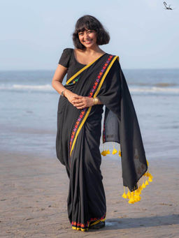 Suta - Black Embroidered Tassels Saree without Blouse