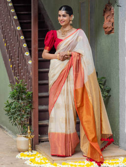 Suta - White Woven Tassels Saree without Blouse