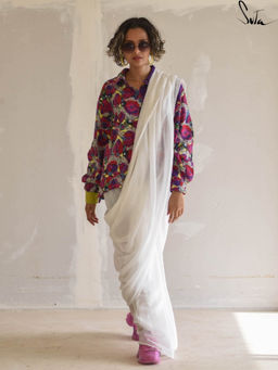 Suta - White Solid Tassels Saree without Blouse