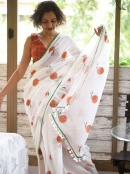 Suta - White Printed Tassels Saree without Blouse