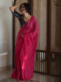 Suta - Pink Embellished Tassels Saree without Blouse