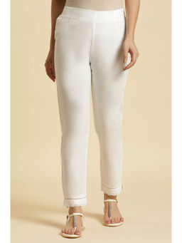 W - Off White Solid Slim Fit Pant