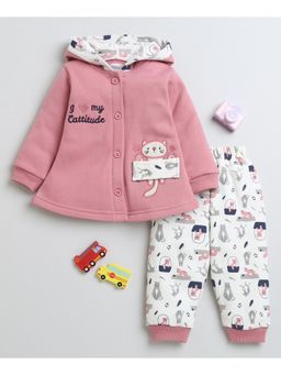 Bumzee - Pink & Off White Girls Full Sleeves Winterwear Hooded and Joggers (Set of 2)