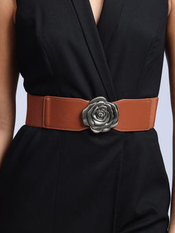 Twenty Dresses by Nykaa Fashion - Tan Floral Buckle Broad Elasticated Belt For Women